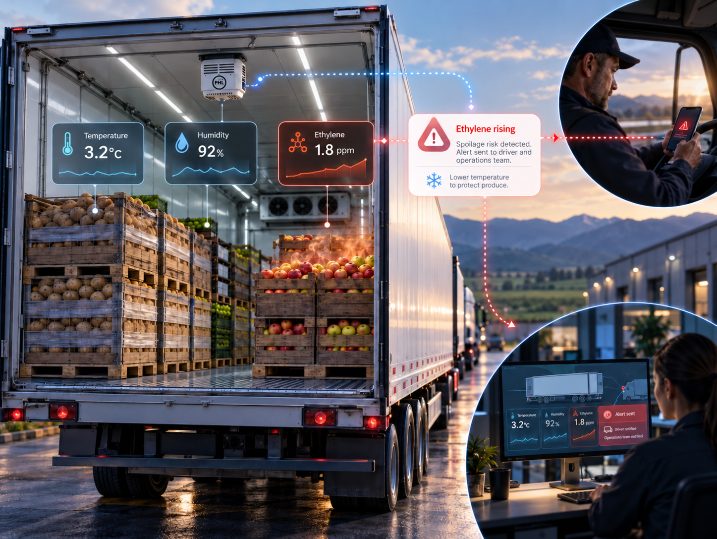 Concept illustration of a refrigerated trailer with crates of produce, PHL-branded monitoring and illustrative environmental alerts