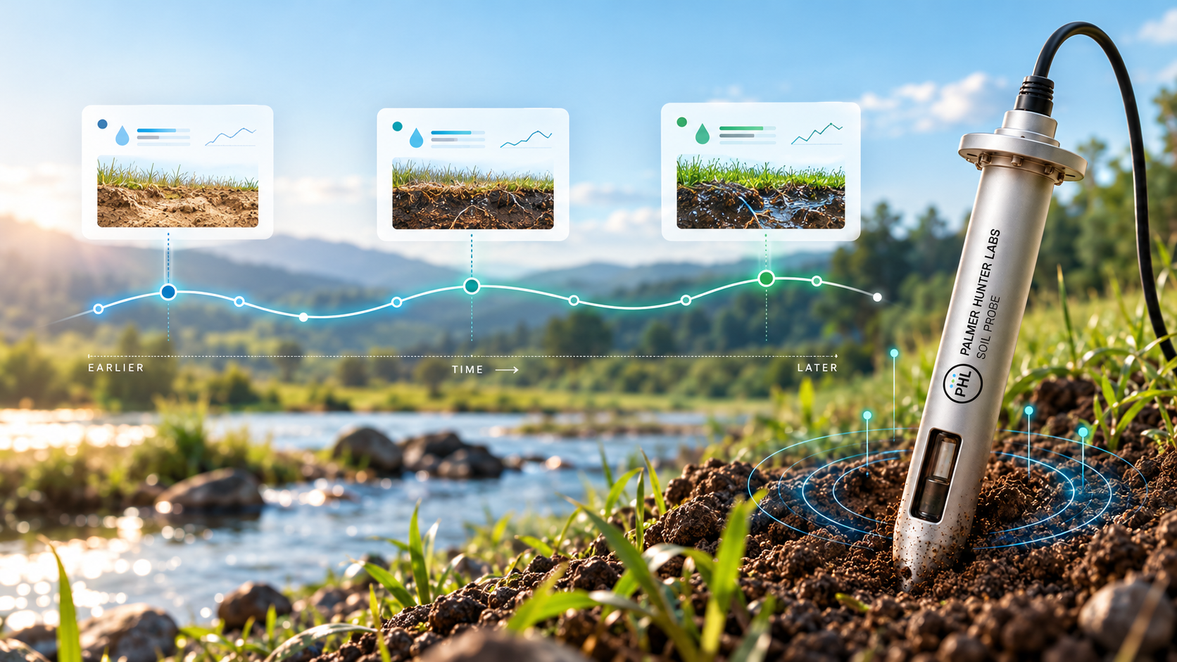 Measure, Understand and Act infographic beside a Palmer-Hunter soil probe in an environmental landscape